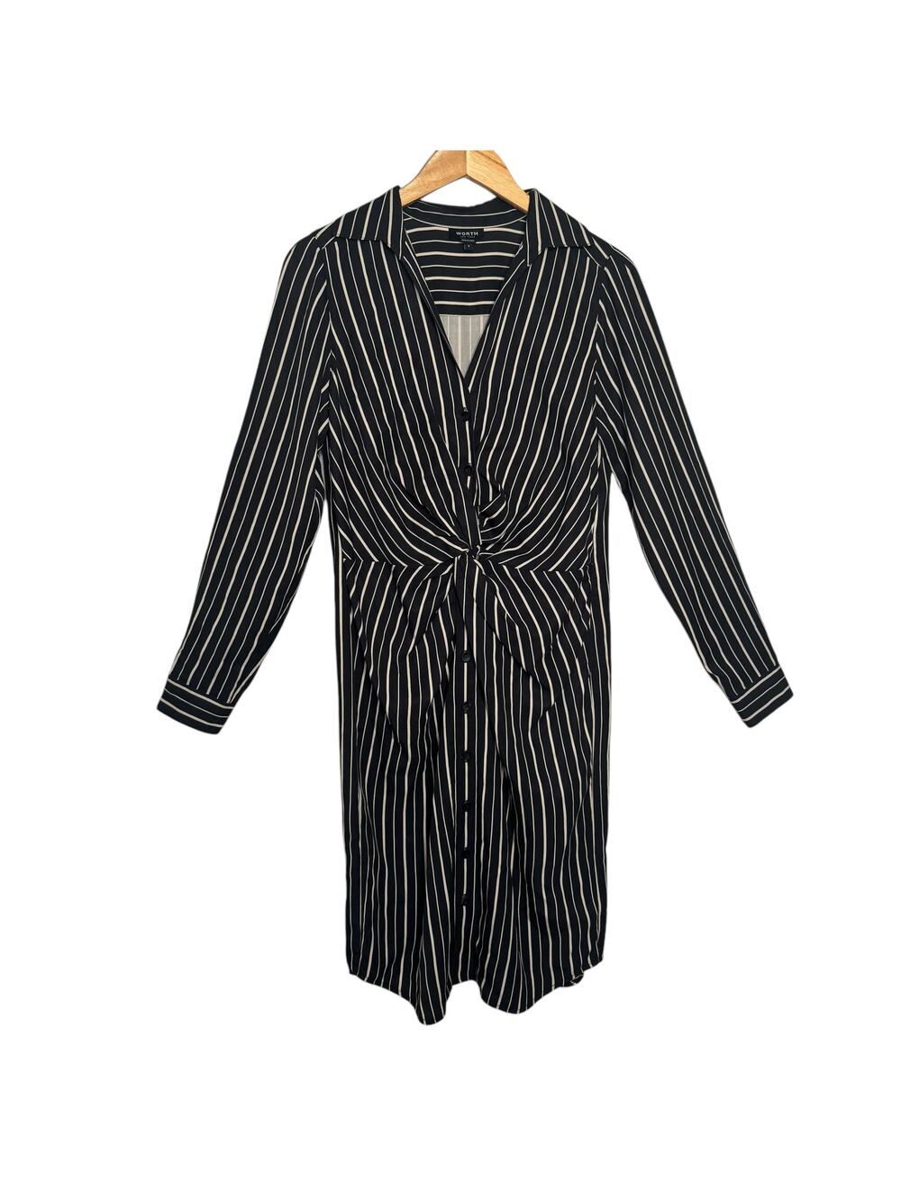 Worth New York V-Neck Striped Twist Front Sheath Dress - Black & Tan - Size 6
